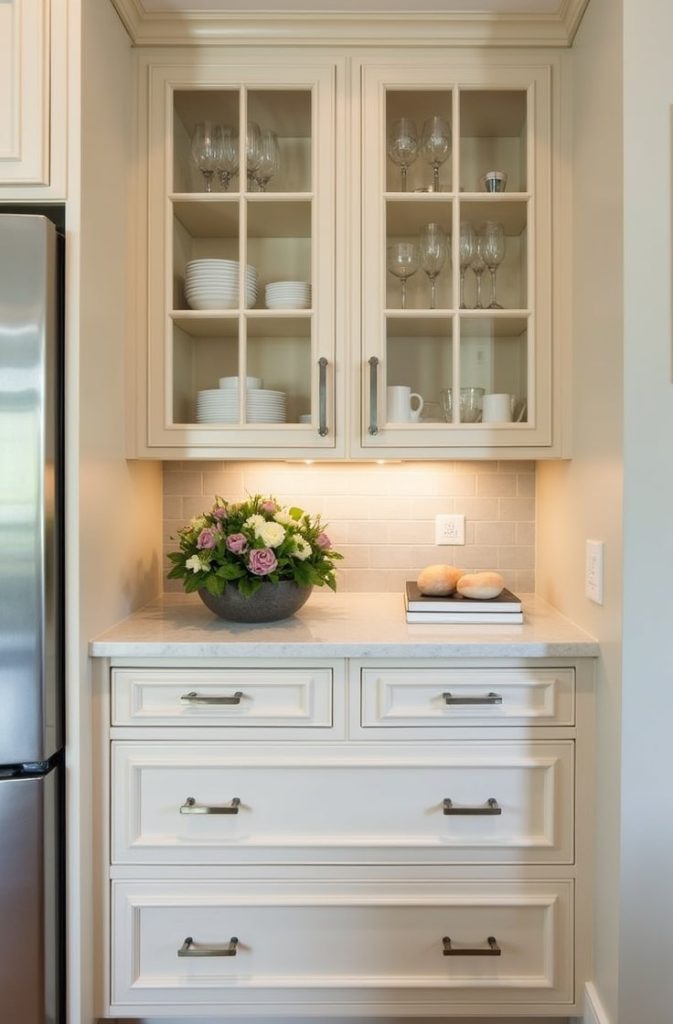 Beige Cabinets with Glass Fronts for Stylish Visibility