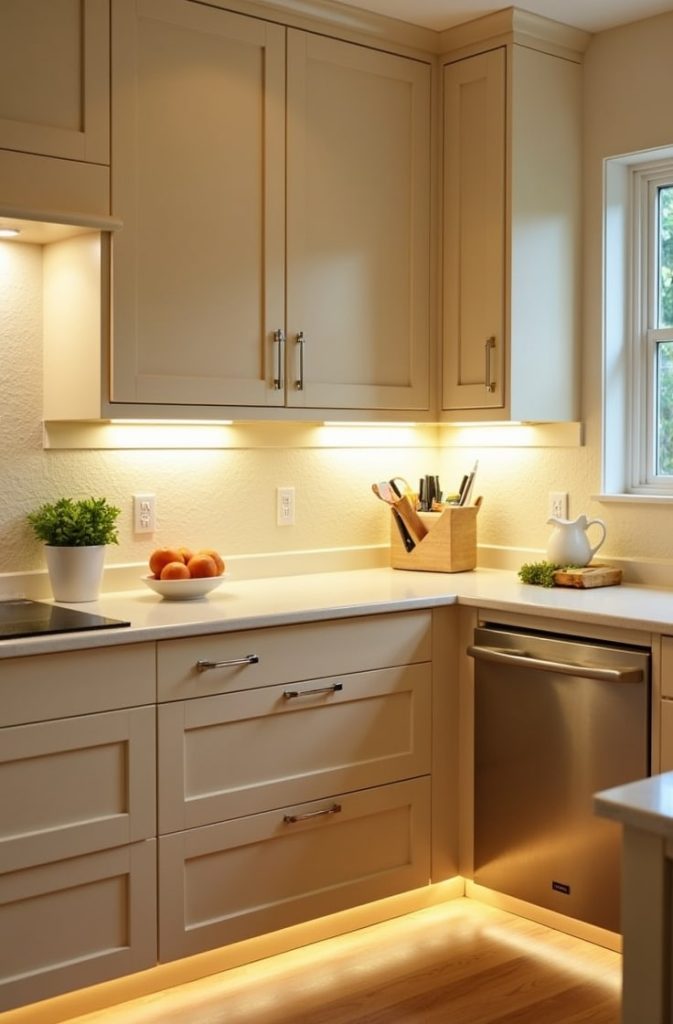 Beige Cabinets with Under-Cabinet Lighting for Accessibility