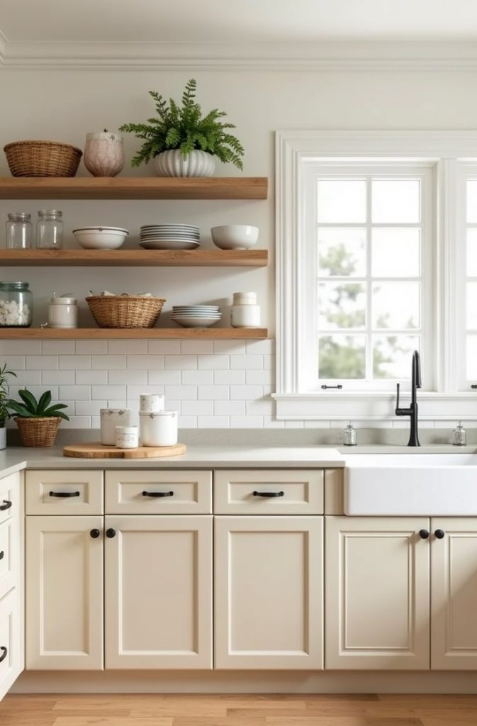 Beige Kitchen Cabinets with Open Shelving for Easy Access