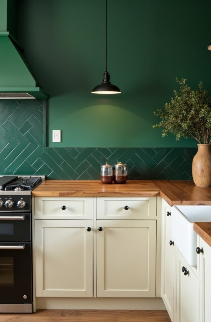 Emerald Green Walls with Warm Wood Countertops