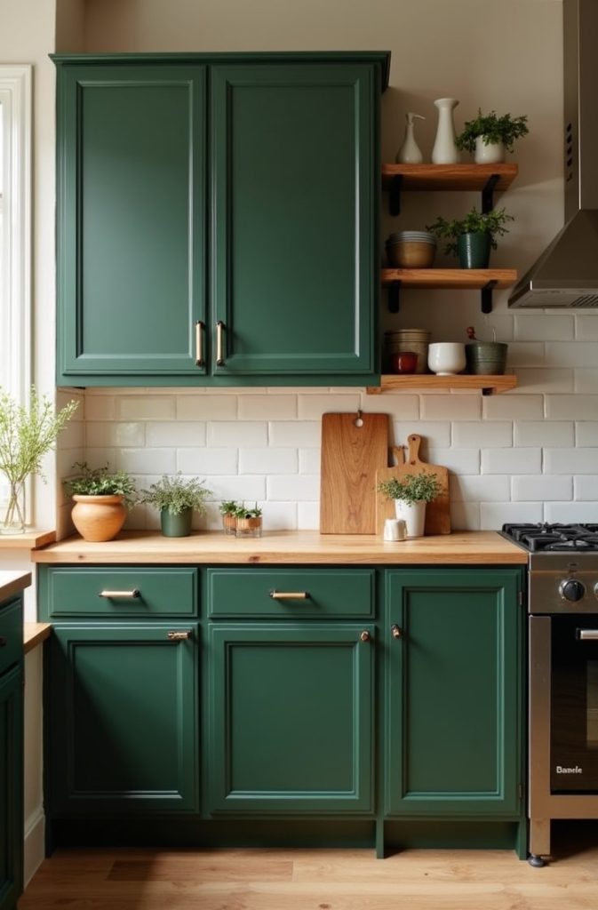 Forest Green Cabinets with Warm Wood Accents