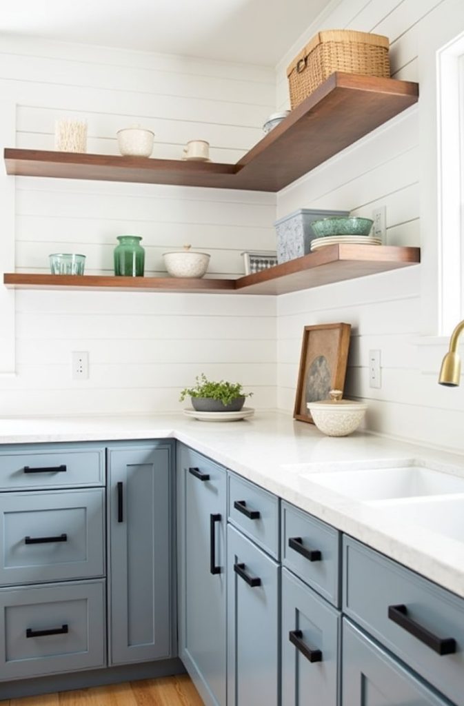 Grey-Blue Cabinets with White Walls