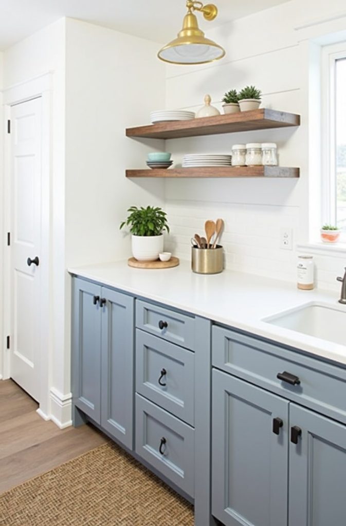 Grey-Blue Cabinets with White Walls