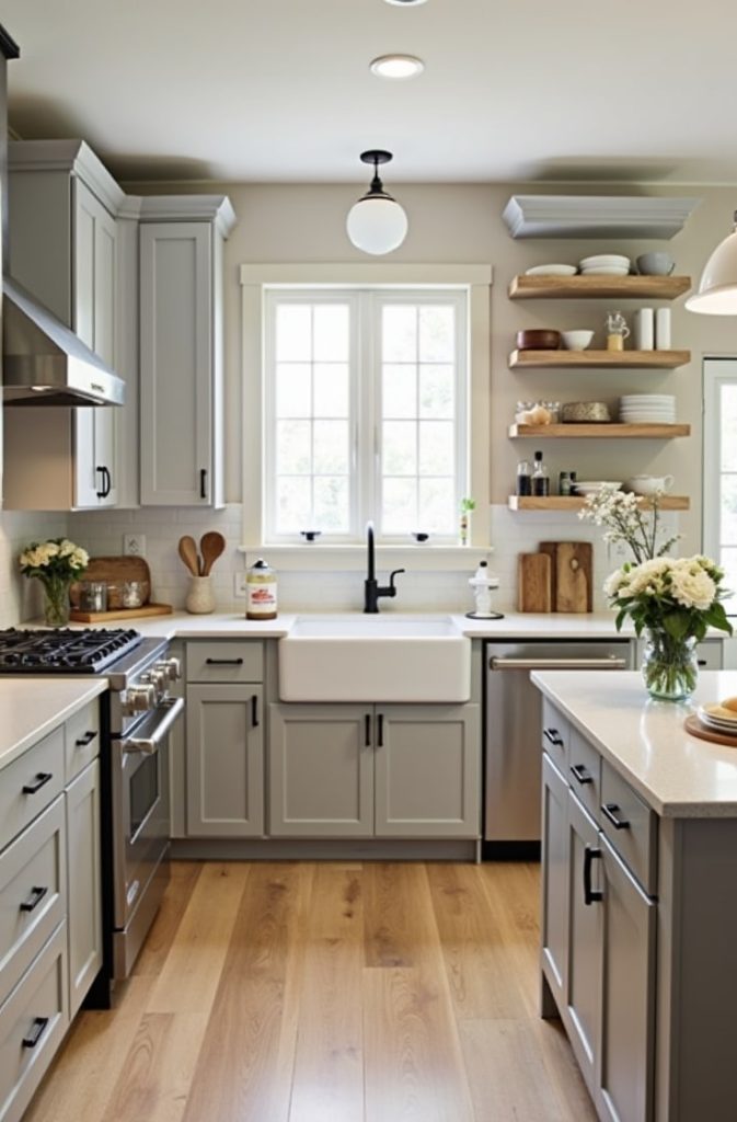 Kitchen Design with Gray Walls and Wood Flooring