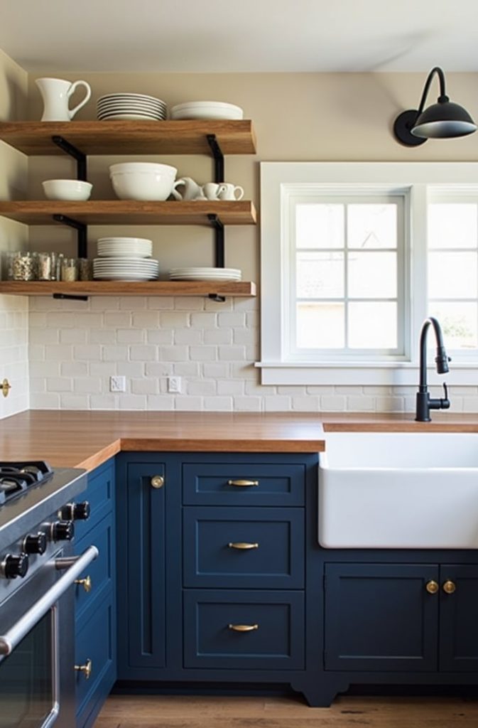 Navy Blue Cabinets with Soft Taupe Walls