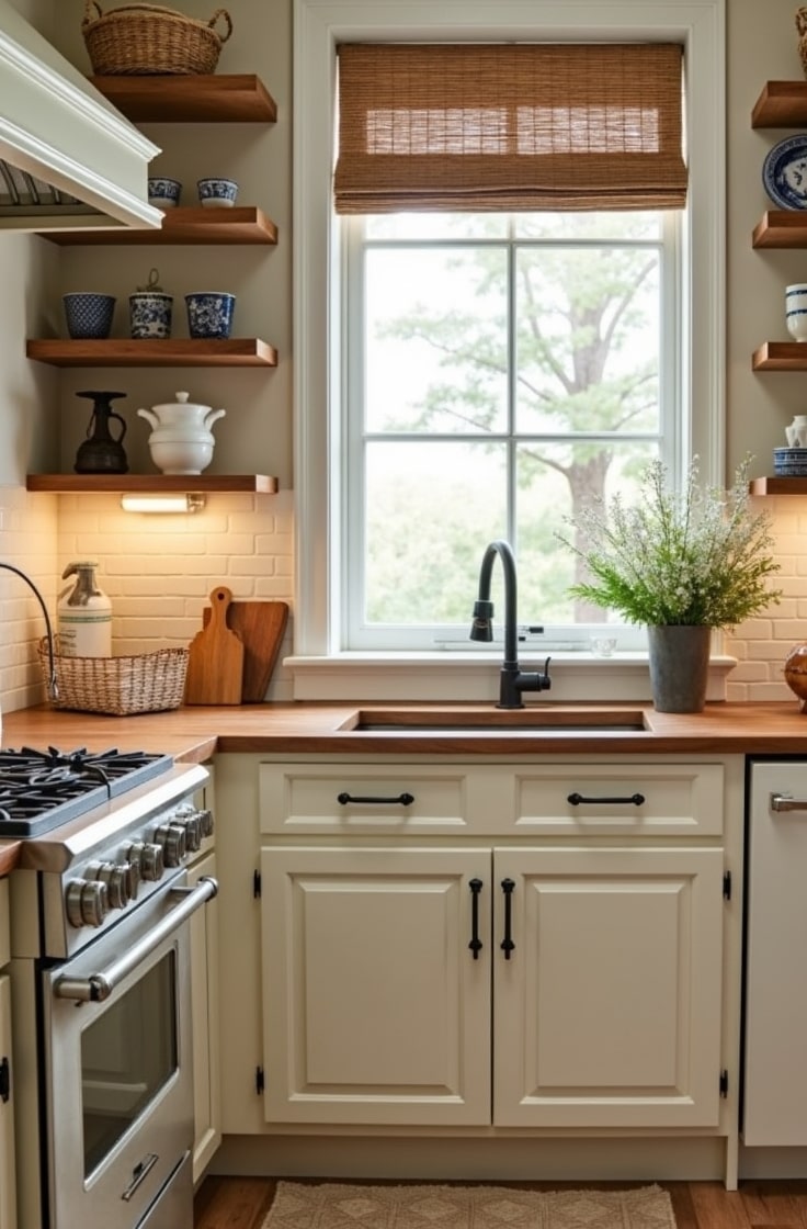 Rustic Beige Cabinets with Natural Wood Countertops-min