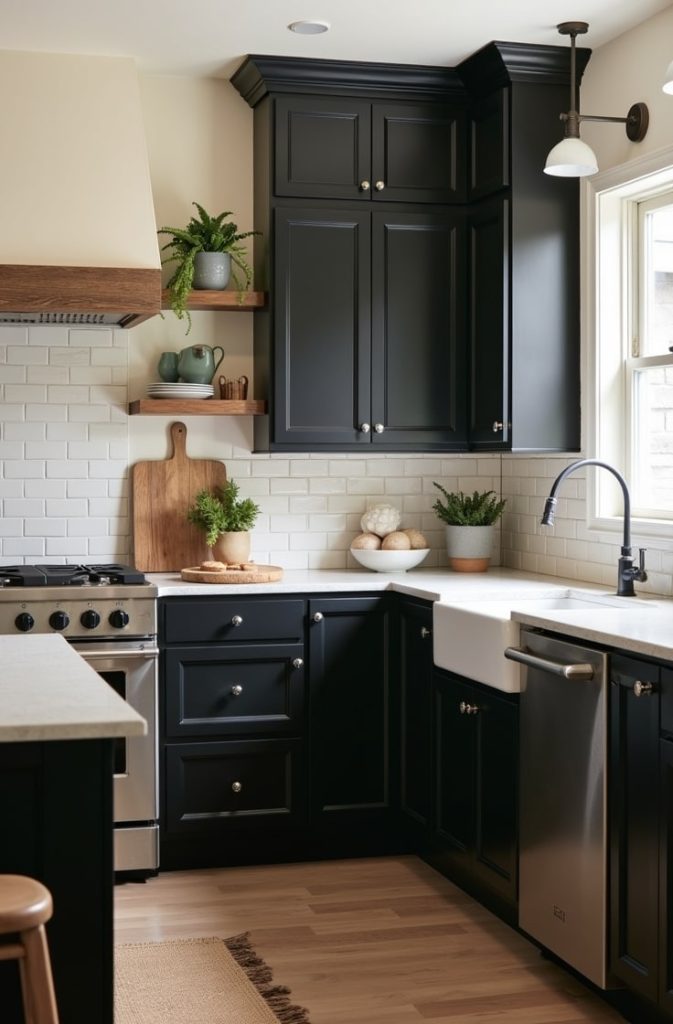 Soft Black Cabinets with Cream and Wood Accents