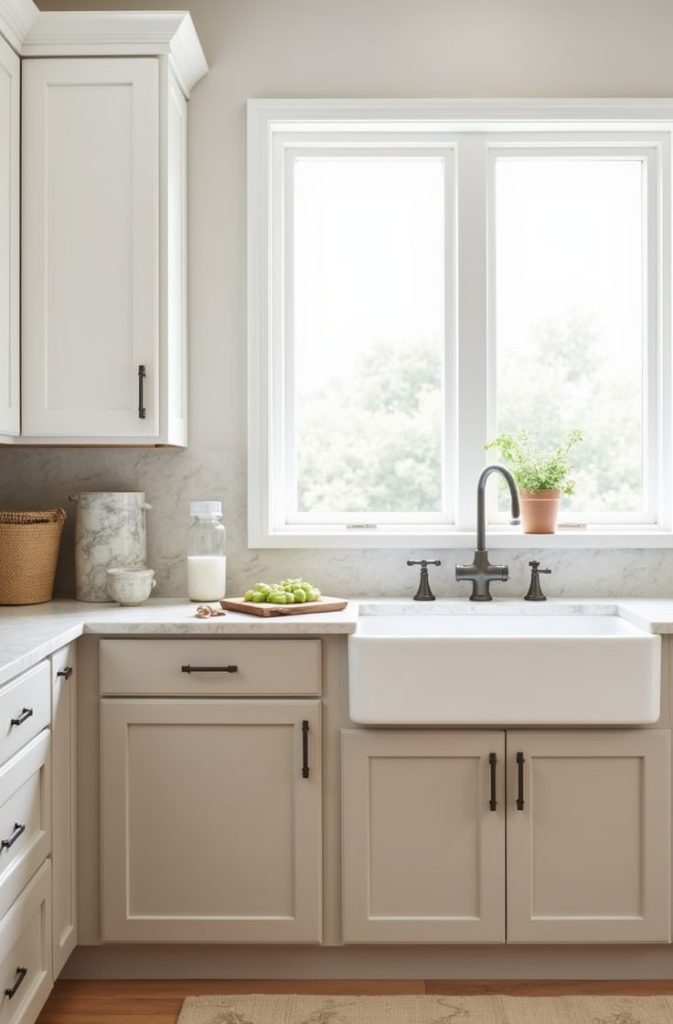 Two-Tone Beige and White Kitchen Cabinets for a Bright Space