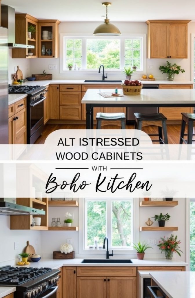 Combine Distressed Wood Cabinets with Modern Touches