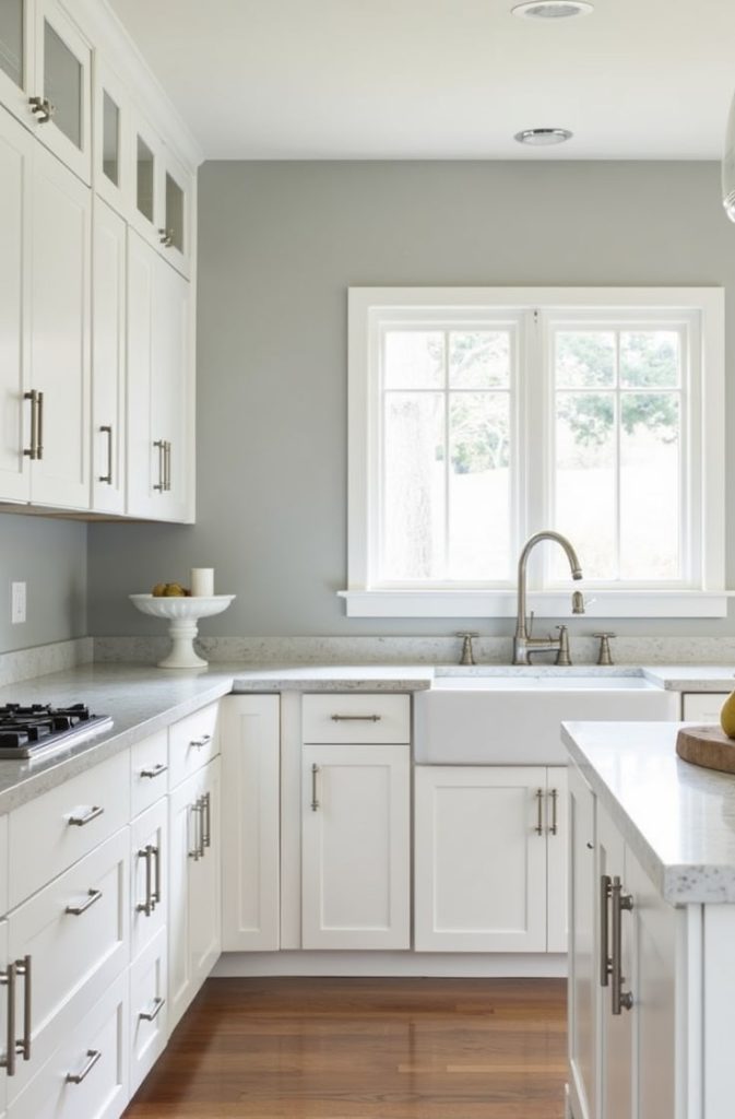 Soft Gray Walls with White Kitchen Cabinets