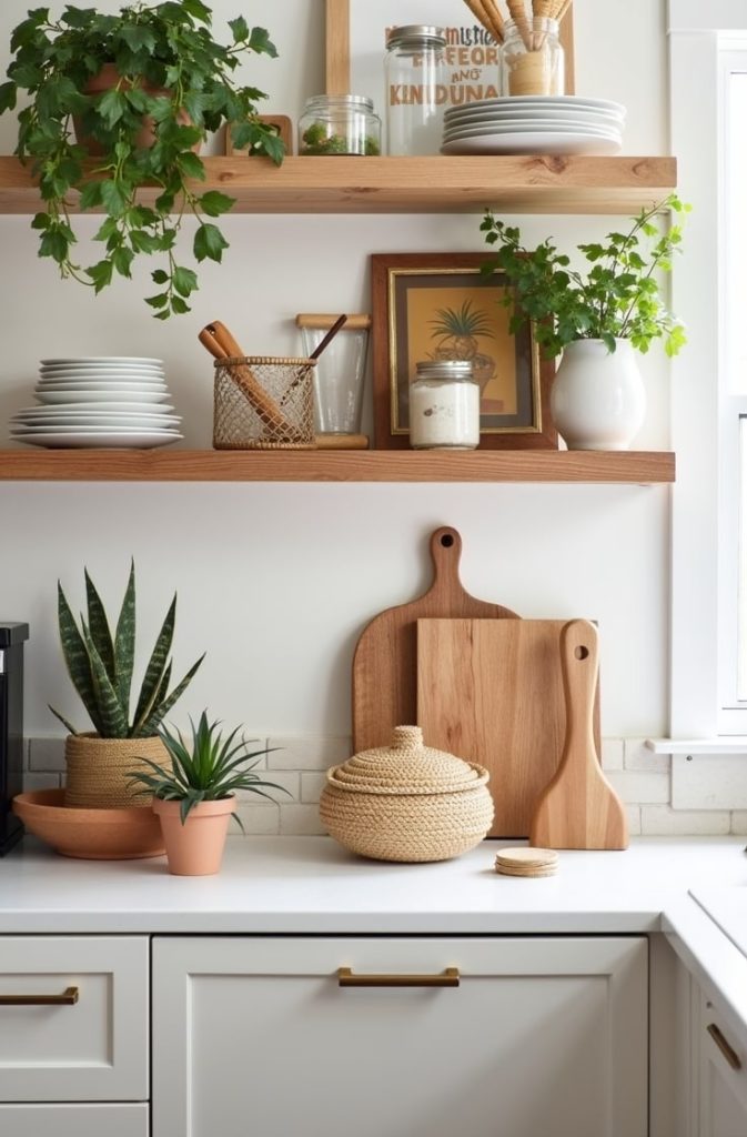 Use Open Shelving with Plants and Rustic Accessories