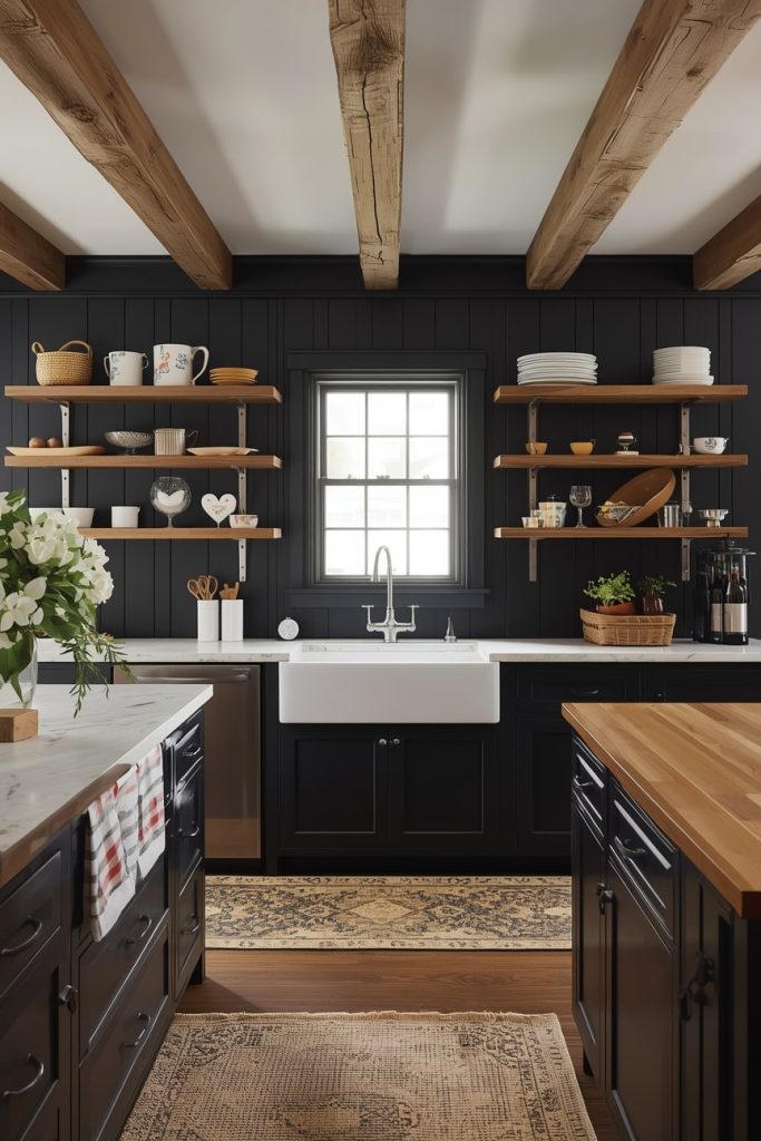 Black Kitchen Cabinets with Warm Wood Elements