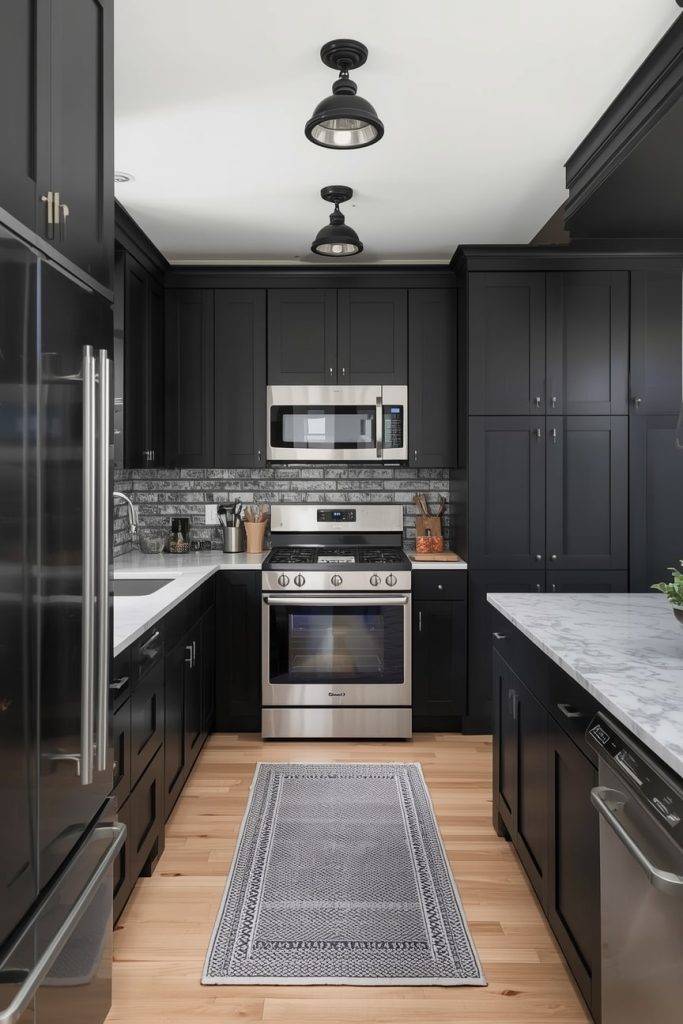 Black Kitchen with Marble Countertops