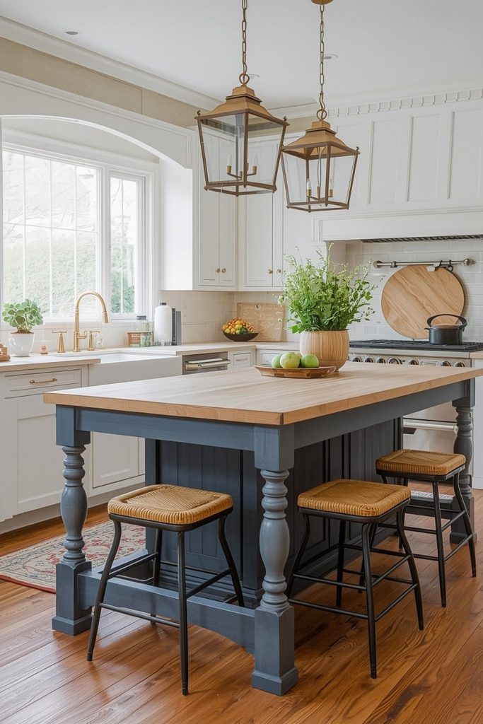 Blue Country Kitchen Island for Subtle Color Contrast