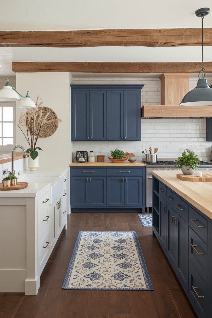 Blue Country Kitchen with Wooden Accents