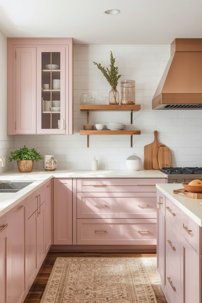 Blush Pink Kitchen Cabinets With Cream Quartz Countertops