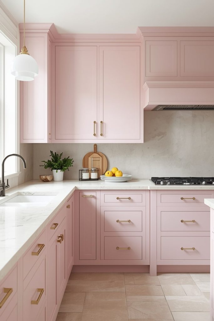 Chic Pastel Kitchen Ideas With Cream Stone Worktops