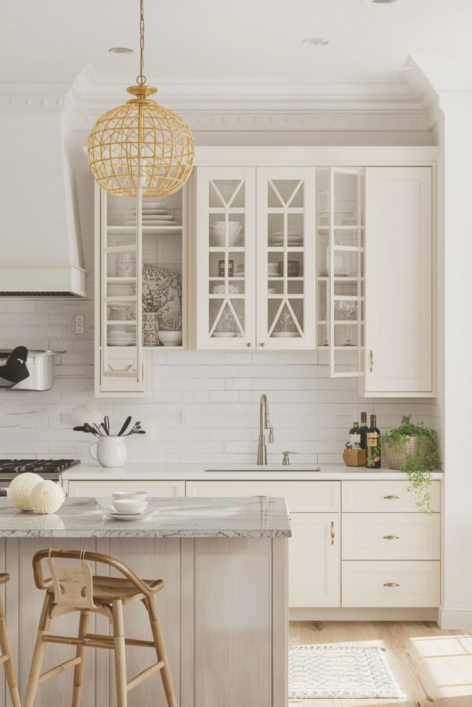 Contemporary Beige Kitchen with Marble Countertops