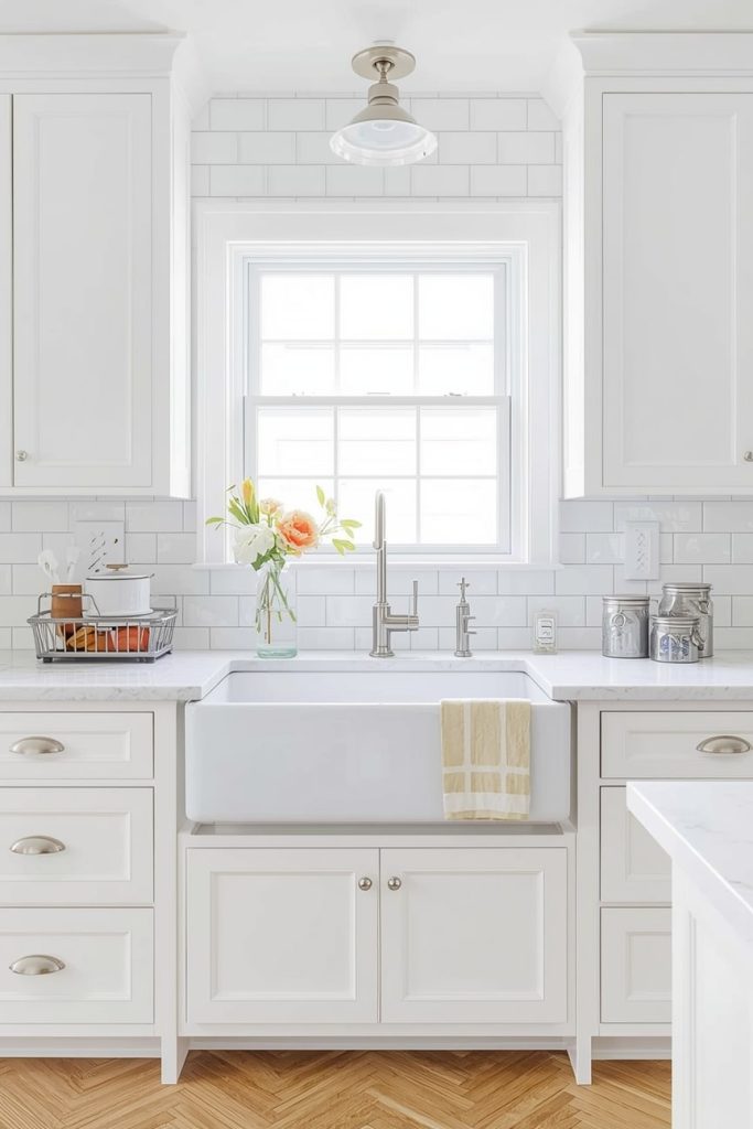 Country Kitchen with Apron Sink and White Cabinets