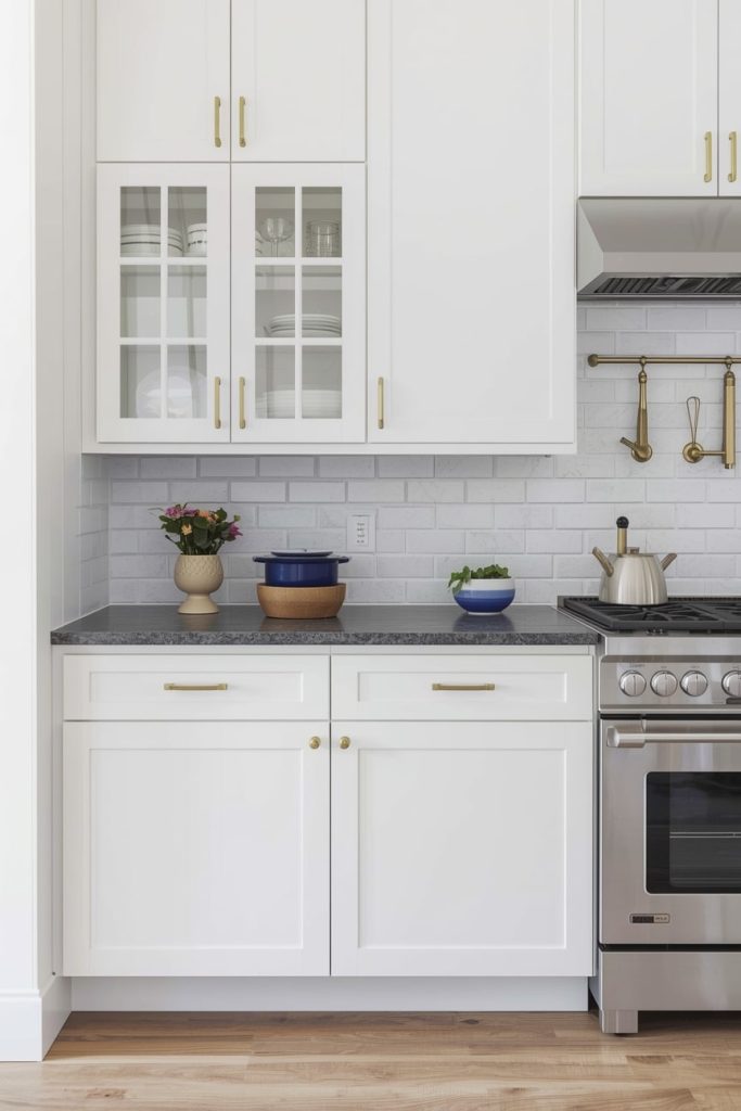 Country Kitchen with Shaker Cabinets and Brass Hardware