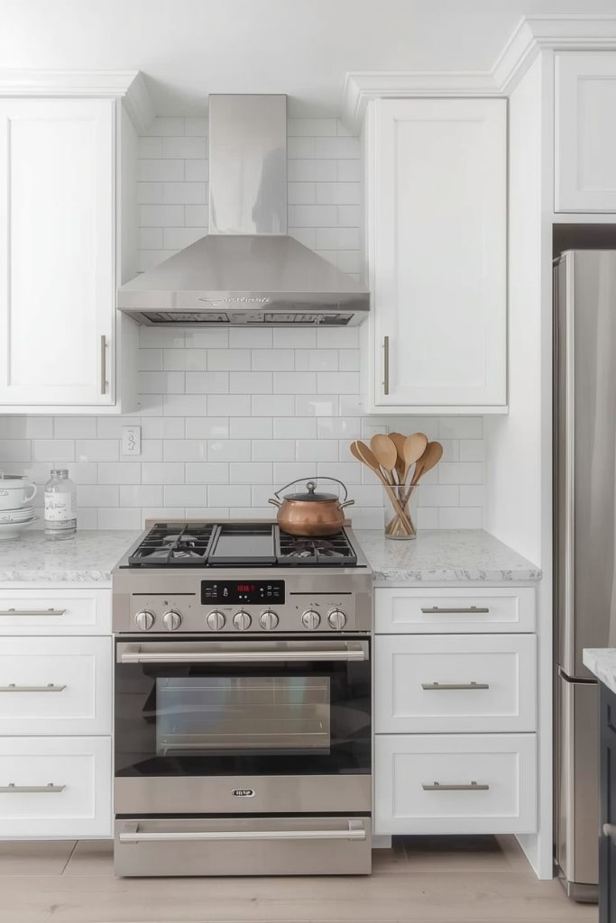 Country Kitchen with Subway Tile and White Cabinets