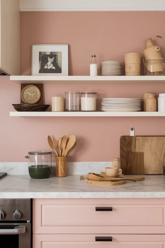 Cozy Pink Kitchen Decor With Cream Open Shelving
