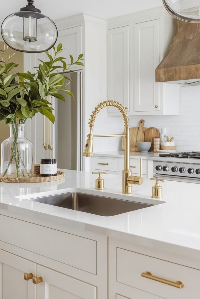 Cream Cabinets with Gold Lighting Fixtures