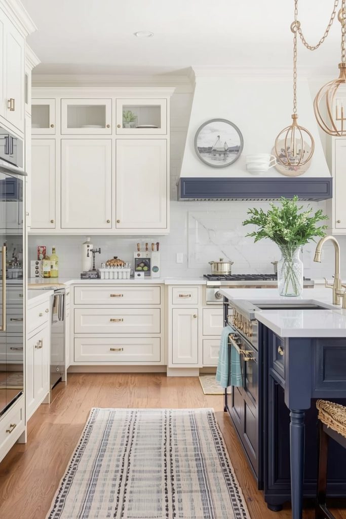 Cream Cabinets with a Navy Blue Kitchen IslandCream Cabinets with a Navy Blue Kitchen Island