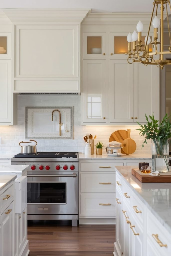 Cream Countertops with Gold Fixtures