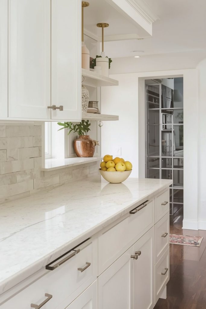 Cream Stone Worktops With White Cabinets