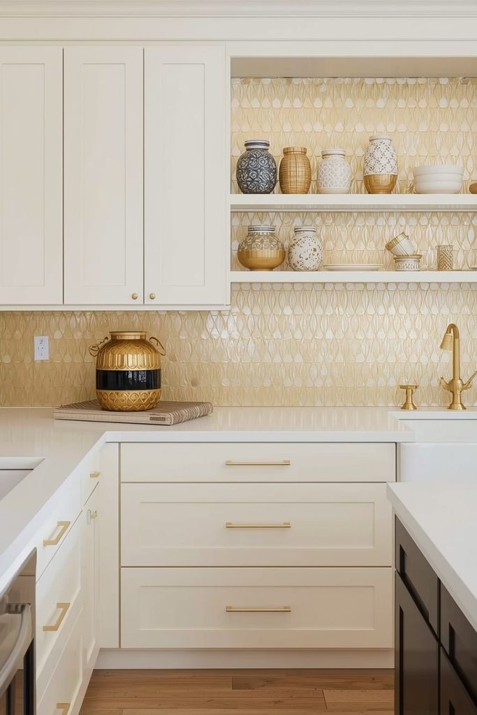 Cream Walls with Gold Trimmed Shelves