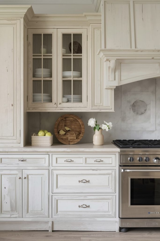 Distressed Wood Cabinets for a Rustic French Kitchen Look