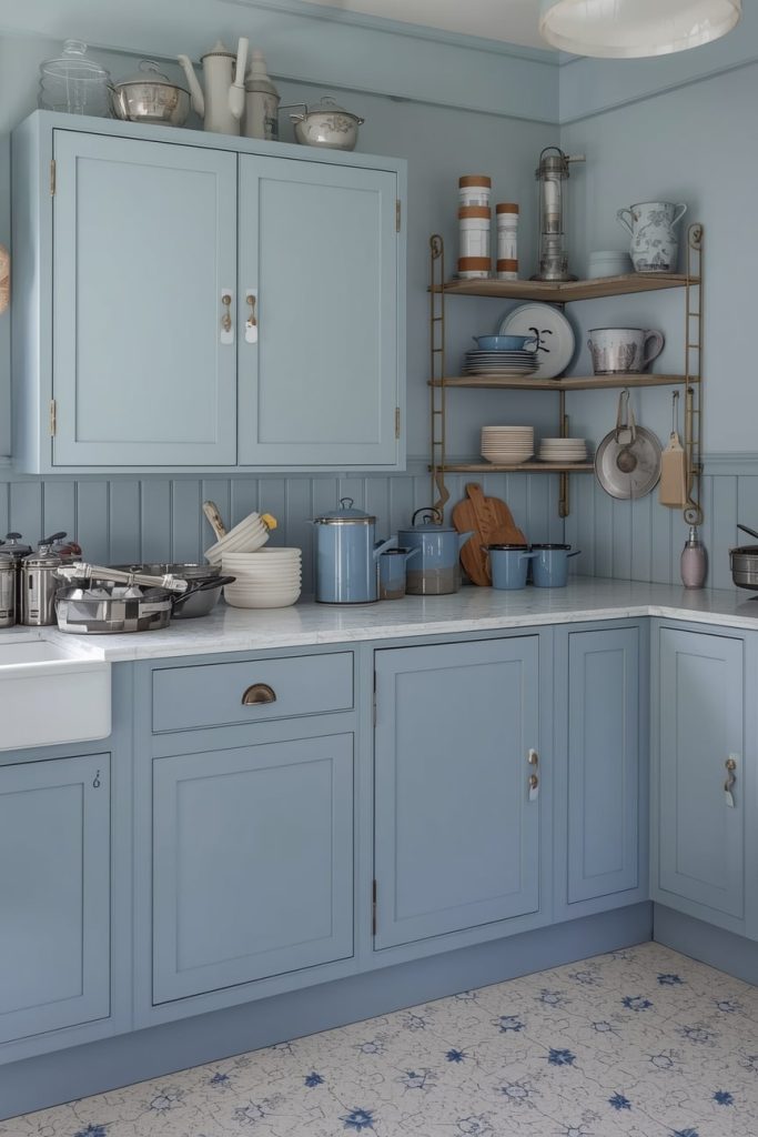 Farmhouse Blue Kitchen with Open Shelving