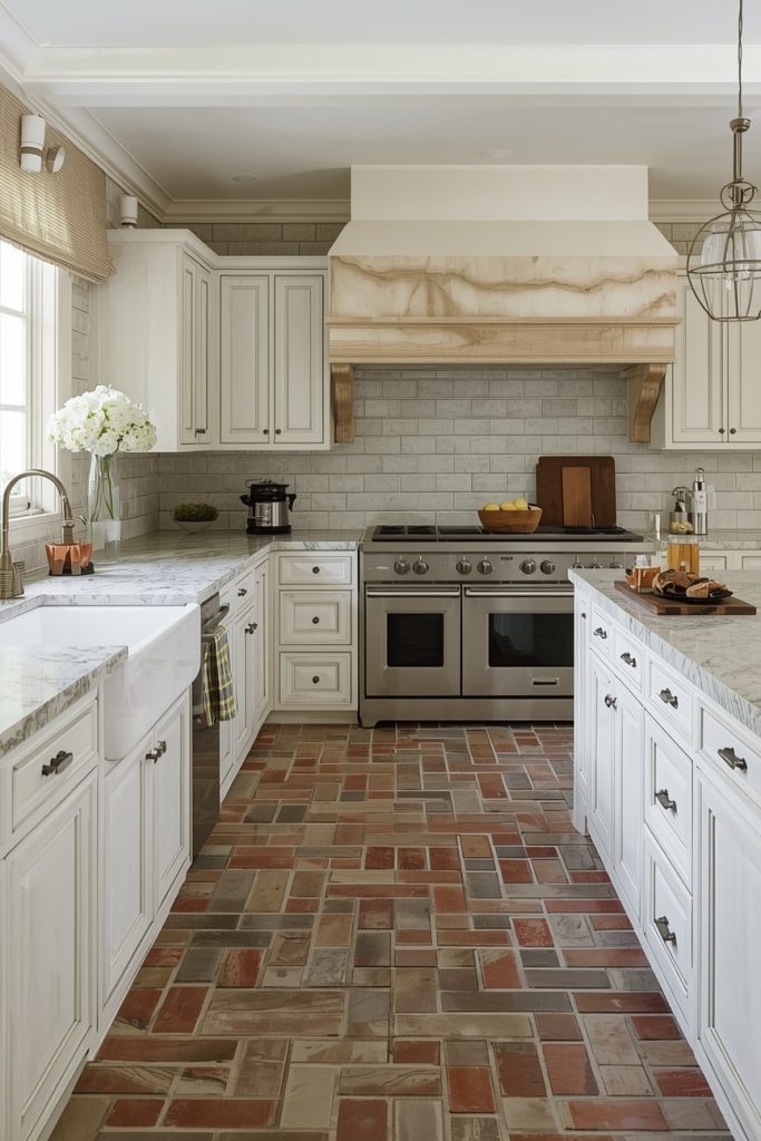  French Farmhouse Kitchen with Stone or Brick Flooring