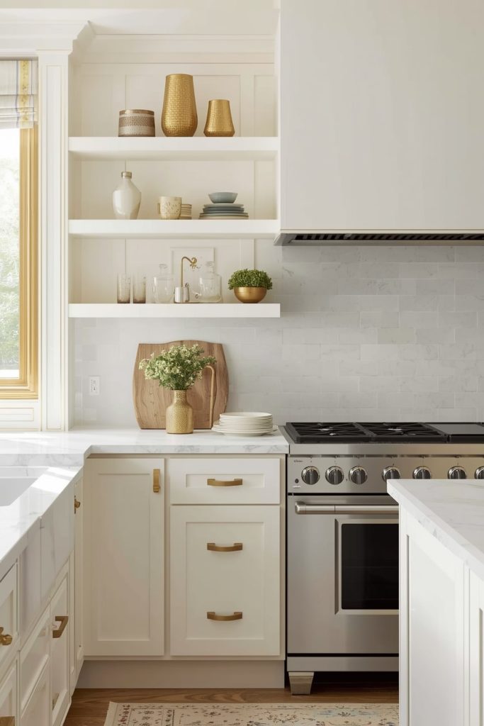 Gold Accented Cream Backsplash Tiles