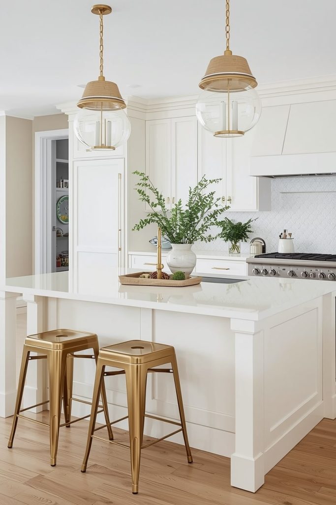 Gold Pendant Lighting over Cream Islands