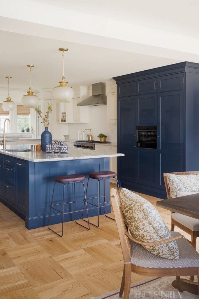 Modern Navy Blue and Cream Kitchen with Slab Cabinets
