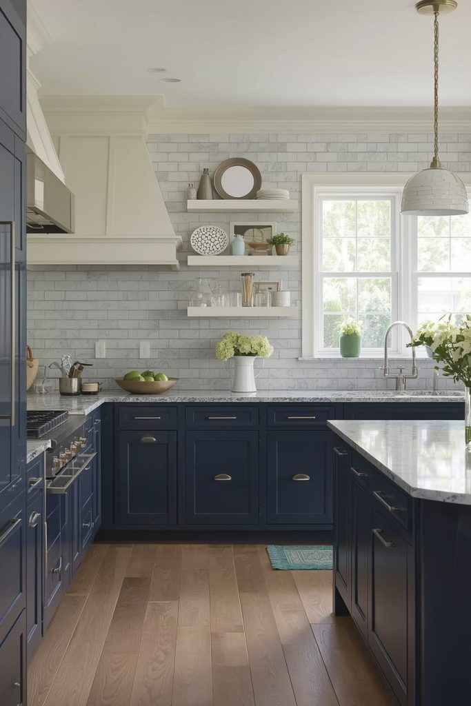 Navy Blue Cabinets with Cream Walls for a Balanced Look