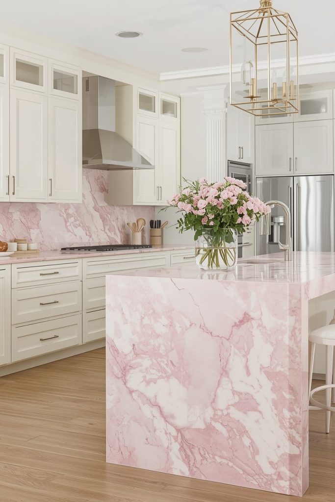 Pink Marble Kitchen Surfaces With Cream Cabinetry-min