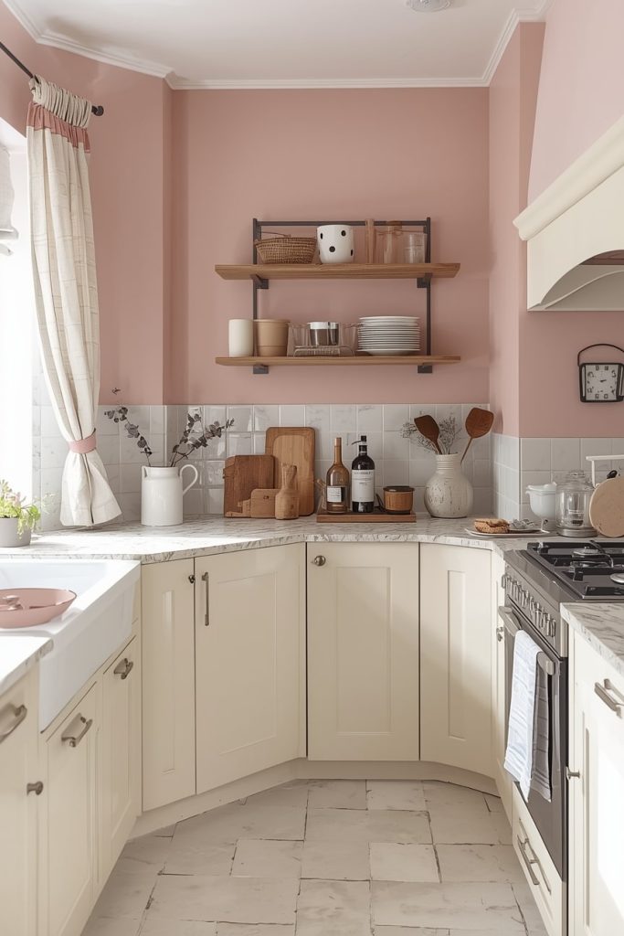 Romantic Kitchen Decor Using Soft Pink and Cream Tones