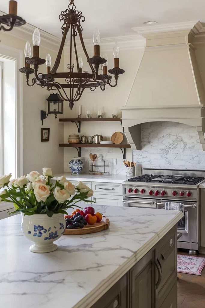 Timeless French Kitchen Decor with Layered Lighting