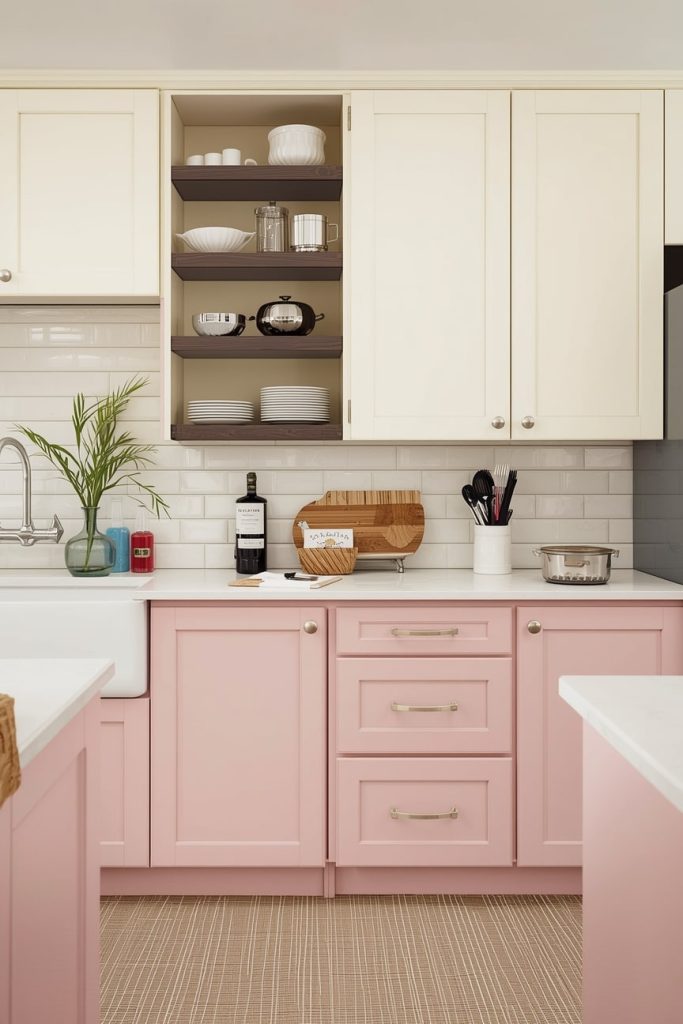 Two Tone Pink and Cream Kitchen Cabinets for Visual Balance