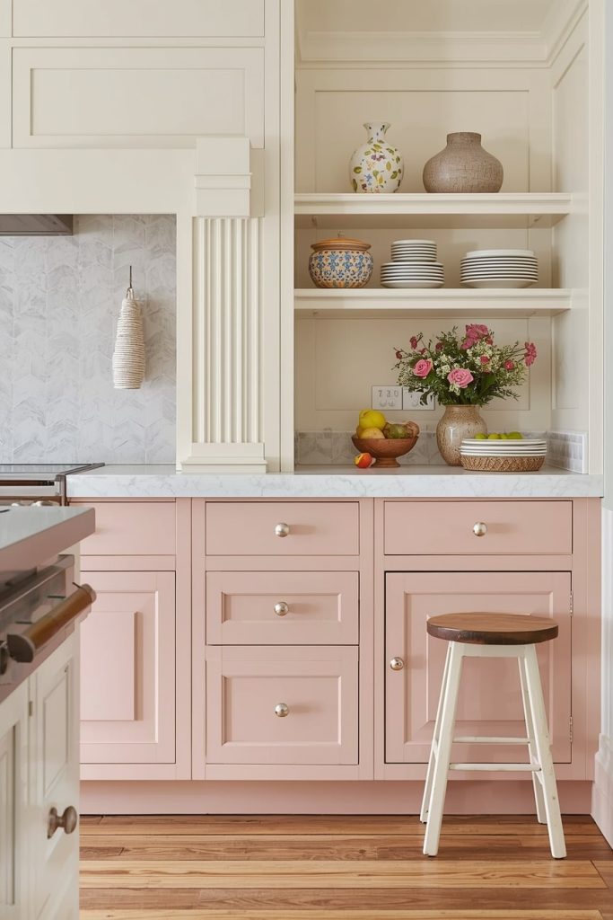 Vintage Pink Kitchen Ideas With Cream Shaker Cabinets