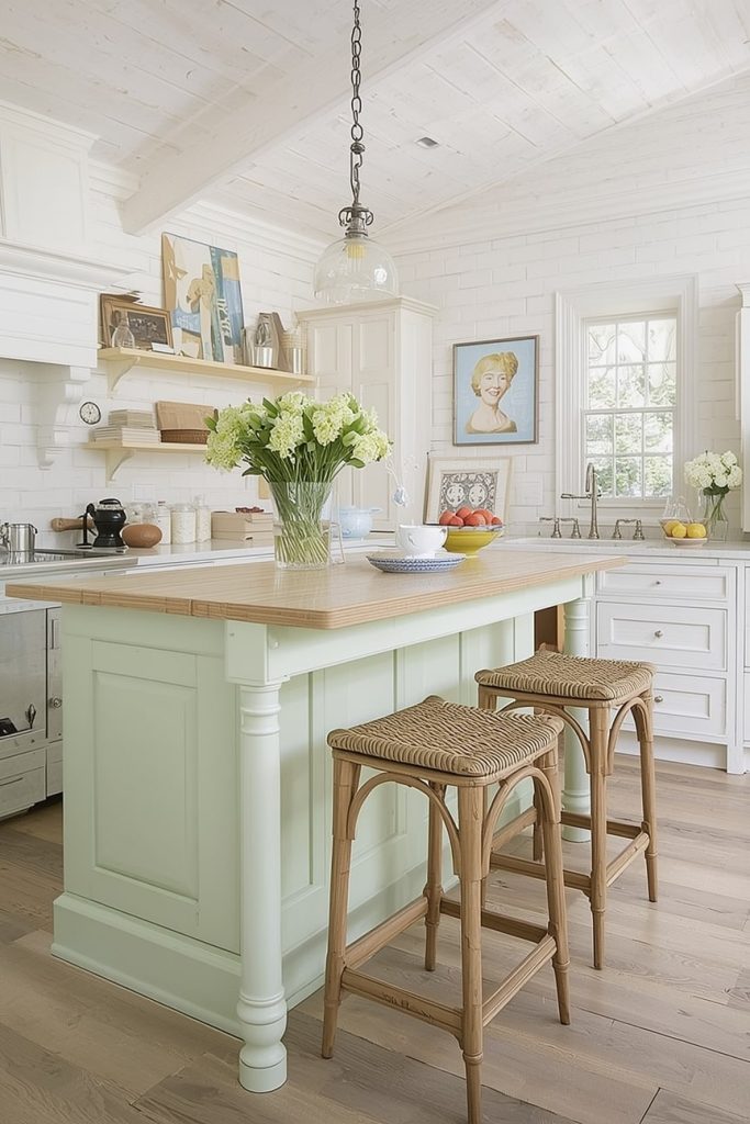 White Country Kitchen with Island for a Bright, Airy Look