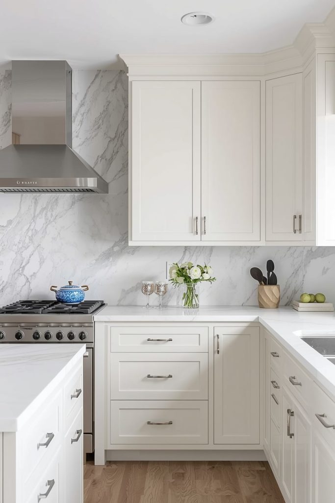 White Marble Countertops With Cream Cabinets
