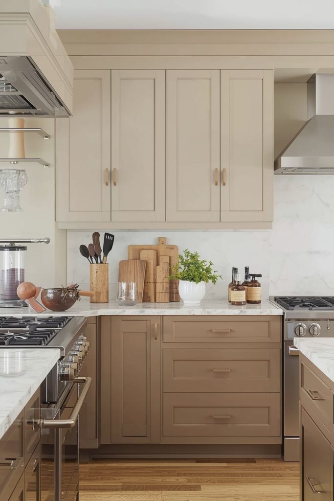 Beige Upper Cabinets and Brown Lower Cabinets