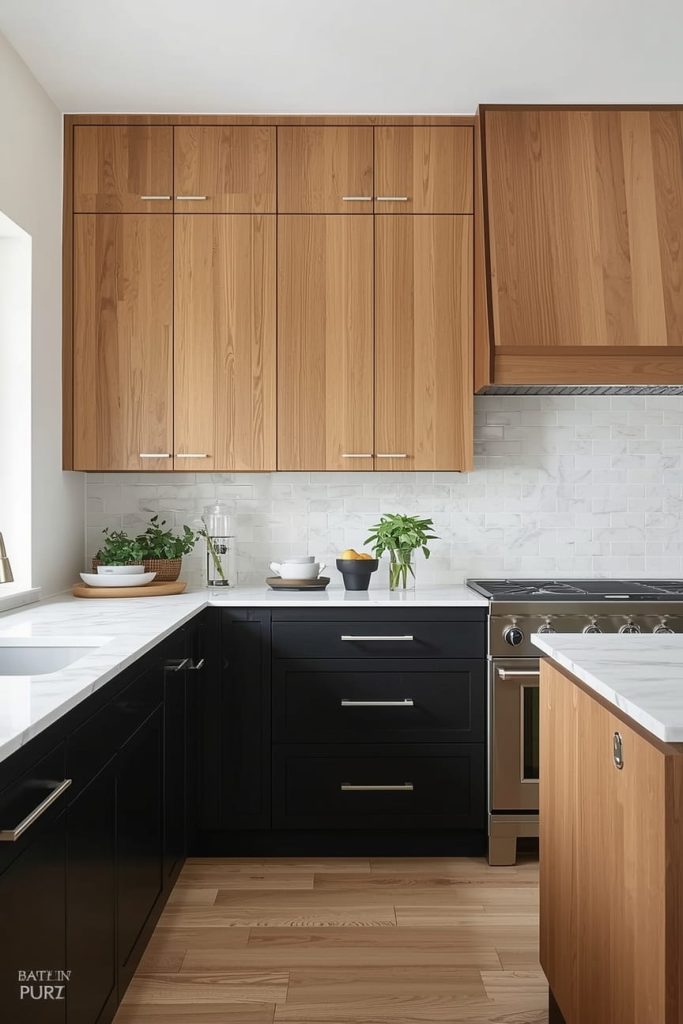 Black Cabinets with Oak or Walnut Wood Accents
