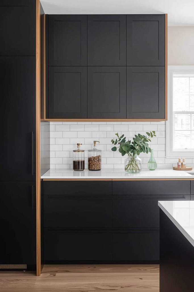 Black Cabinets with Wood Floating Shelves