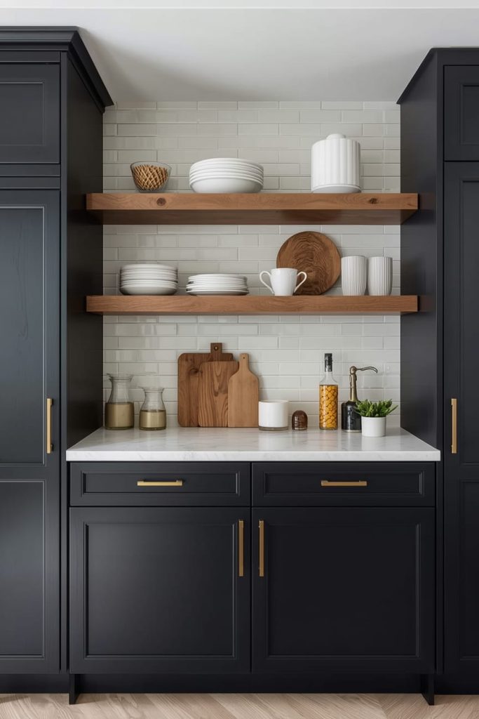 Black Flat-Panel Cabinets with Warm Wood Trim