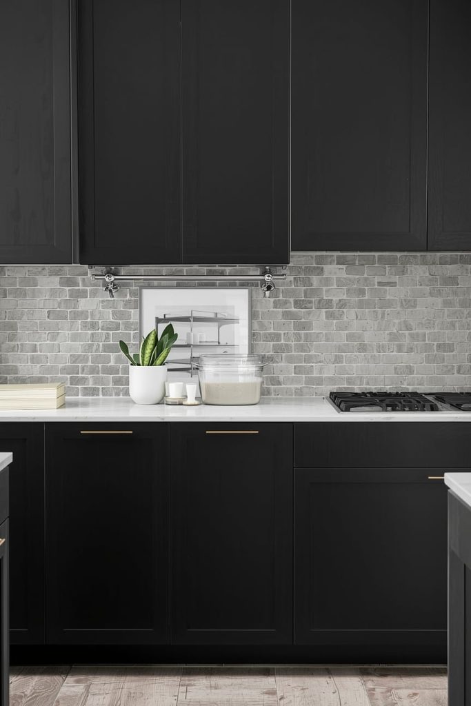 Black Kitchen Cabinets with Light Flooring
